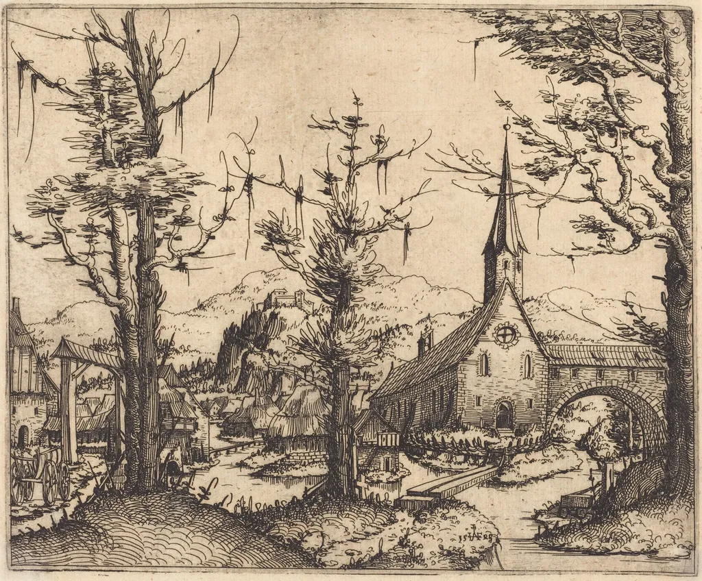 Landscape with a Village Church, by Augustin Hirschvogel, ink, 1545