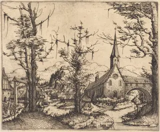 Landscape with a Village Church, by Augustin Hirschvogel, ink, 1545