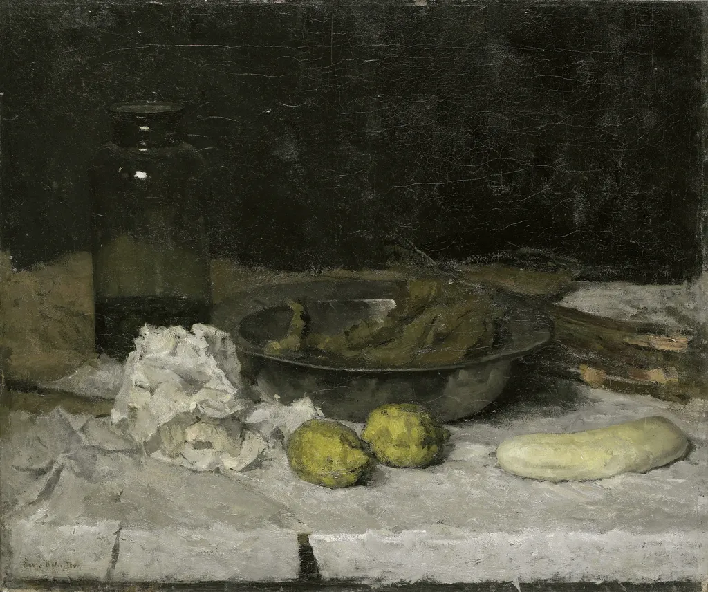 Still life with a a bottle and tin plate, by Suze Robertson, oil, 1896
