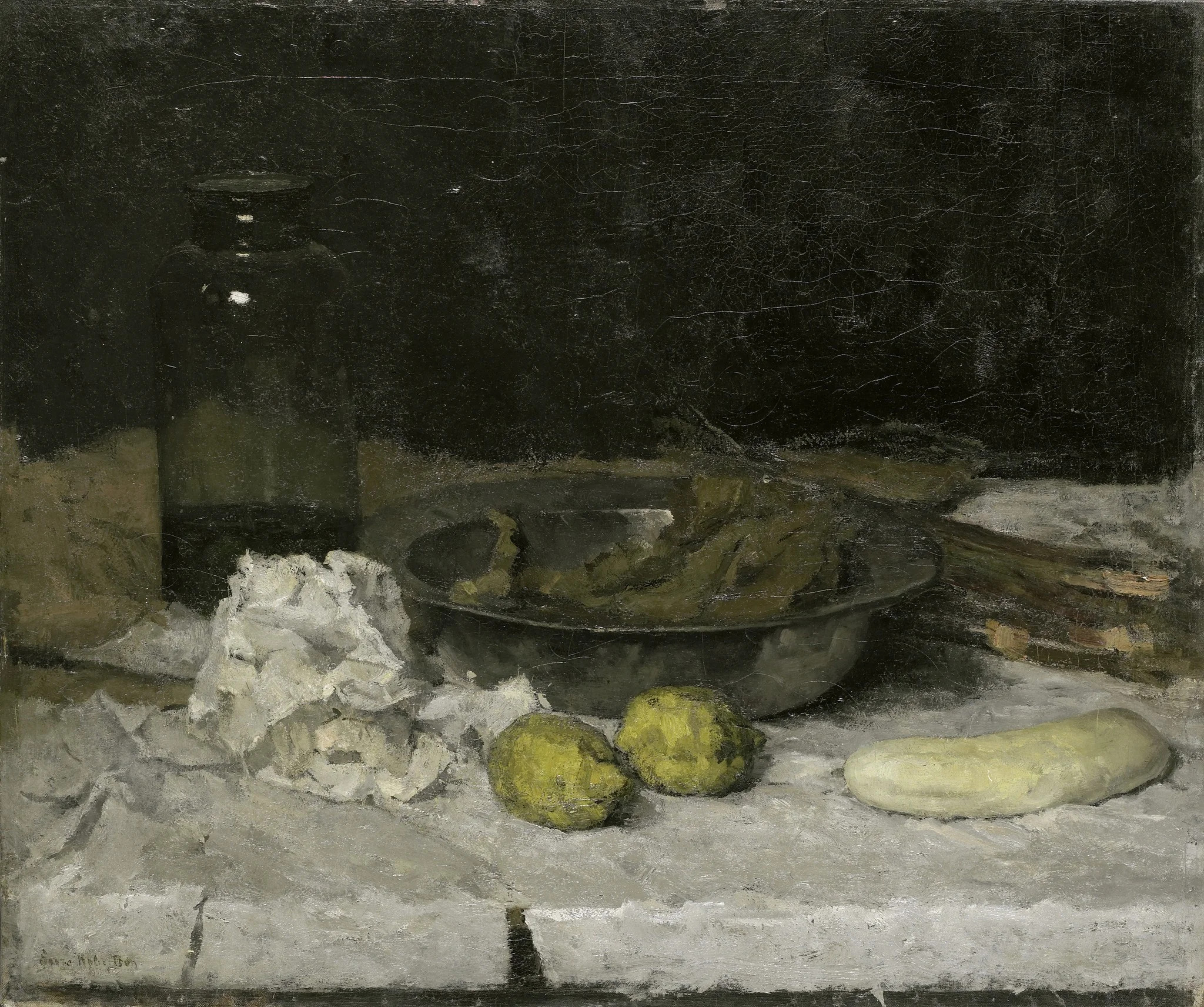 Still life with a a bottle and tin plate, detail