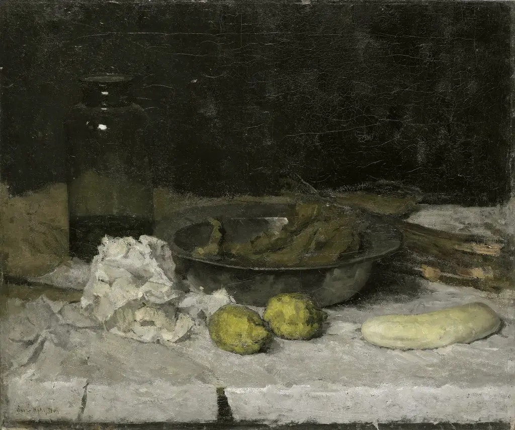 Still life with a a bottle and tin plate, by Suze Robertson, oil, 1896