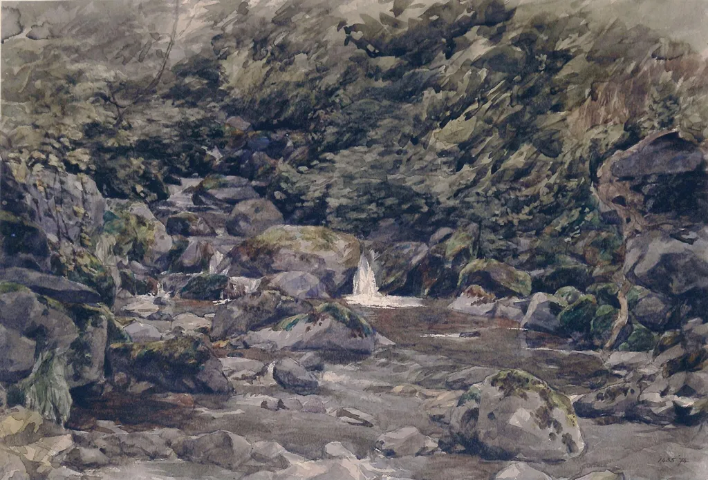 Mountain Stream with Trees, by Wells, active c.1850, watercolor, 1850
