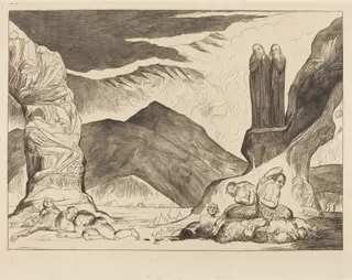The Circle of the Falsifiers: Dante and Virgil Covering their Noses because of the st, by William Blake, ink, 1827