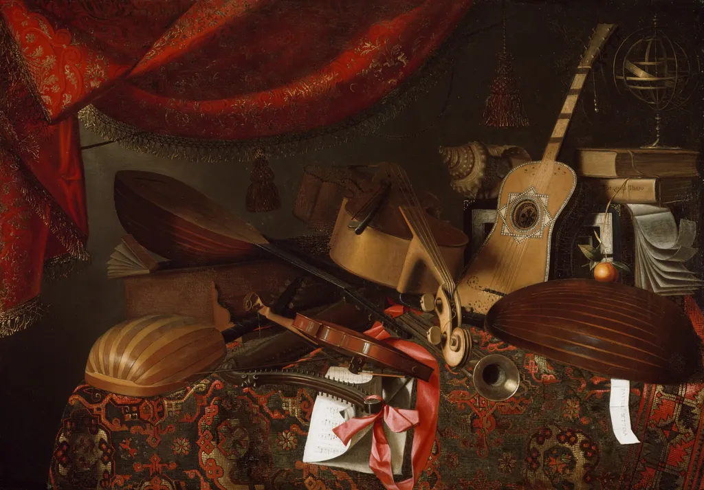 Still Life with Musical Instruments, by Bartolomeo Bettera, oil