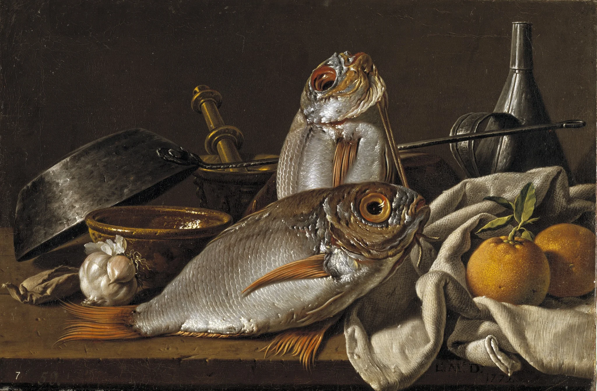 Still Life with Breams, Oranges, Garlic, Condiments, and Kitchen Utensils, detail