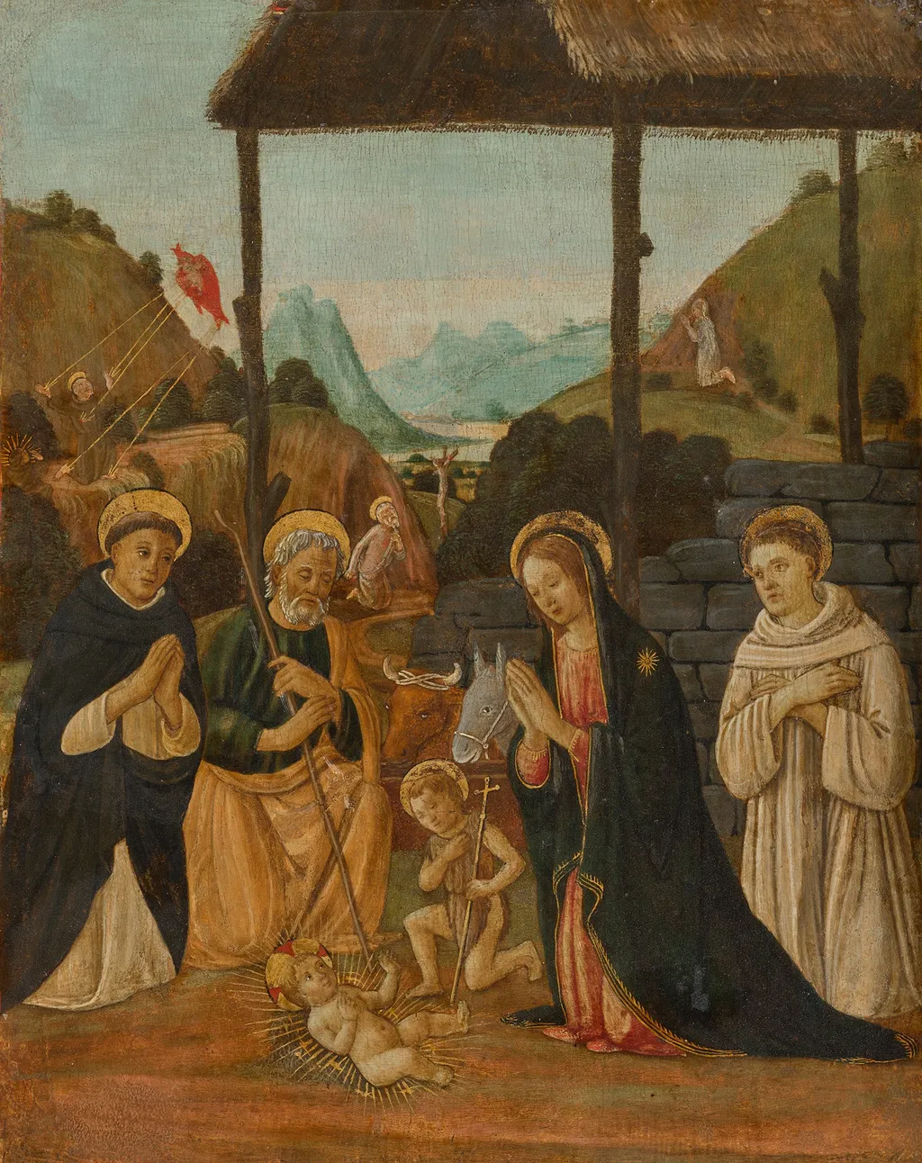 Adoration of the Child with Young St. John and St. Dominic and Bernard of Clairvaux, by Jacopo da Sellaio, paint, 1475