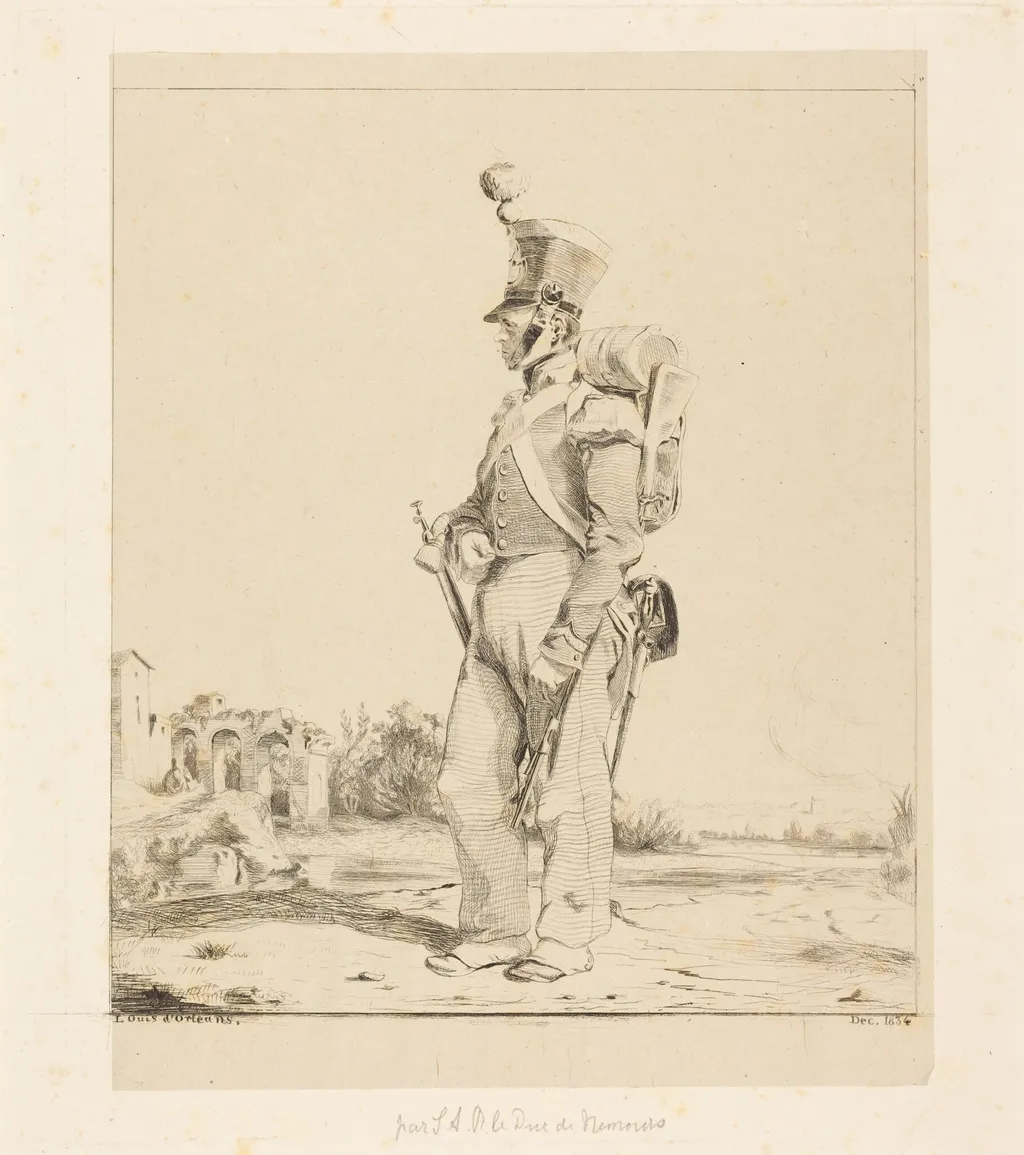 Infantryman, by Duc de Nemours, Louis d' Orléans, ink, 1834