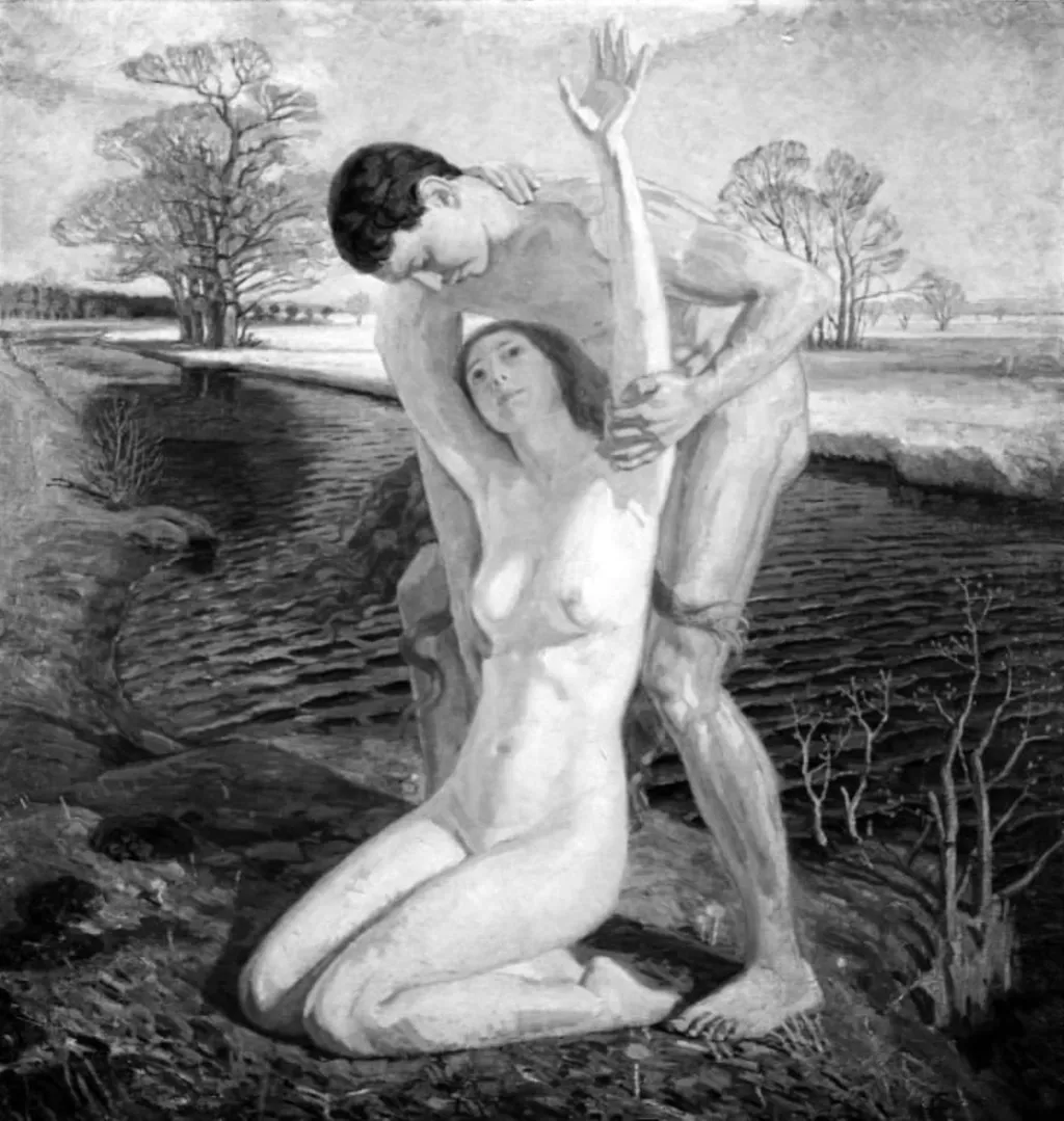 April. A Young Couple in a Landscape, by Henrik Schouboe, oil, 1908