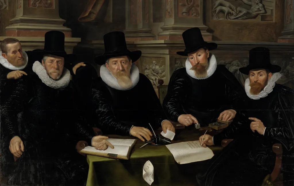 Four Regents and the ‘House Father’ of the Amsterdam Lepers’ Asylum, by Werner van den Valckert, oil, 1624