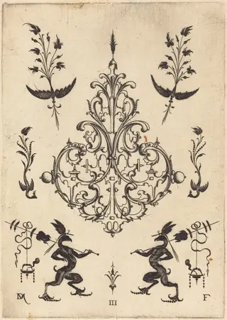 Brooch with Sprigs at Top and Griffins with Trophies at Bottom, by Daniel Mignot, ink, 1596