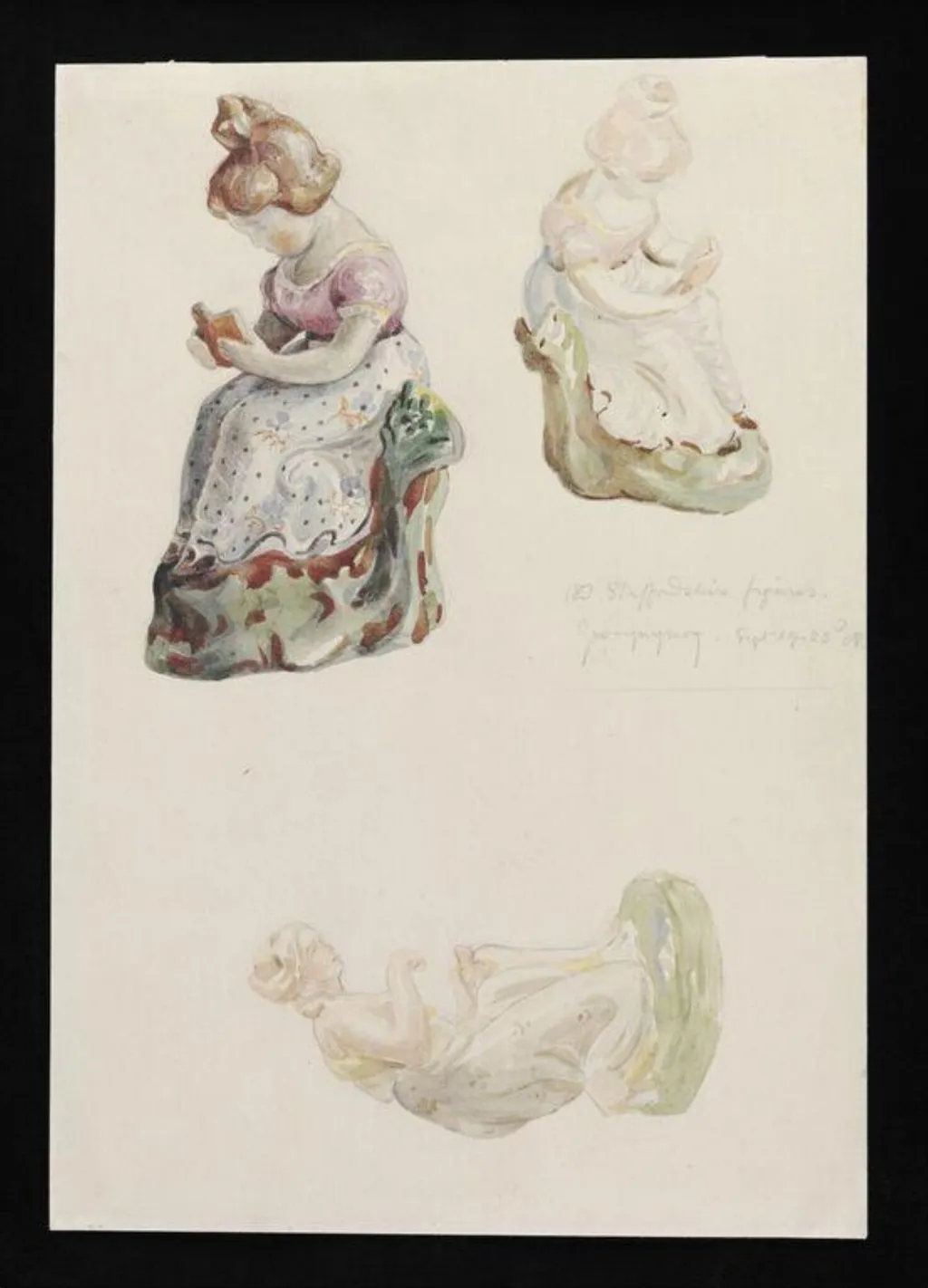 Three Staffordshire figures of women, by Beatrix Potter, watercolor, 14