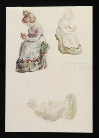 Three Staffordshire figures of women, by Beatrix Potter, watercolor, 14