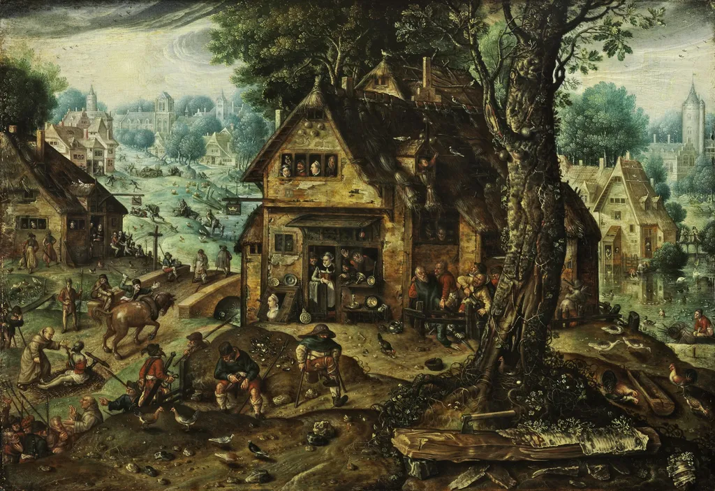 View of the village with numerous people, by Hans Bol, paint, 1588