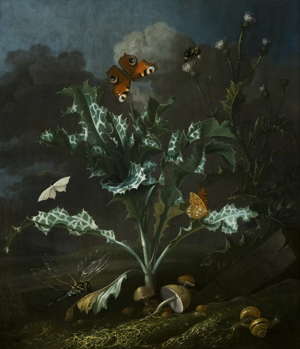 Thistles and Butterflies, by Otto Marseus van Schrieck, oil, 1660
