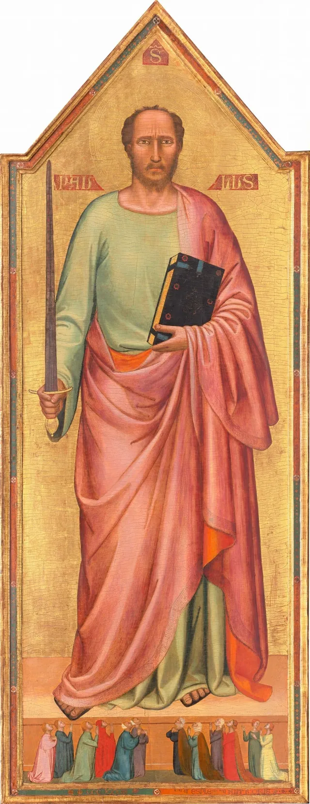 Bernardo Daddi, Saint Paul and a Group of Worshippers. The scale gap between apostle and donors is the picture's grammar, not a clumsiness in it.