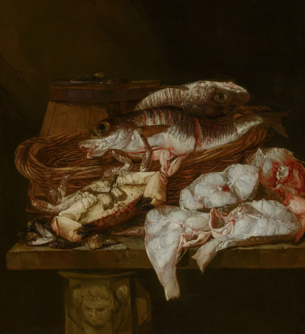 Still Life with Seafood, by Abraham van Beijeren, oil, 1650