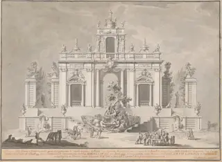 Design for "The Prima Macchina for the Chinea of 1774: Hercules and the Dragon in the Garden of the Hesperides", by Paolo Posi, ink, 1774