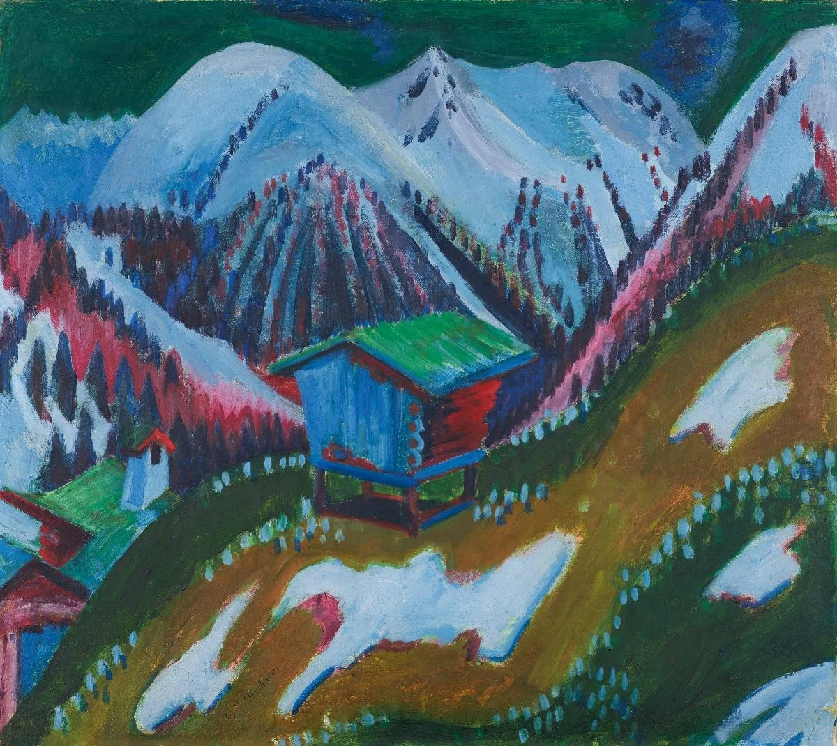 Schneeschmelze. Berglandschaft mit Alphütte, detail