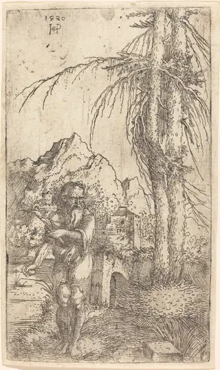 Saint Jerome in a Landscape, by Sebald Beham, ink, 1520