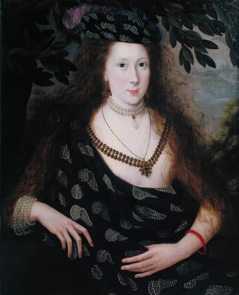 Lady Elizabeth Pope, by Robert Peake the elder, oil, 1615