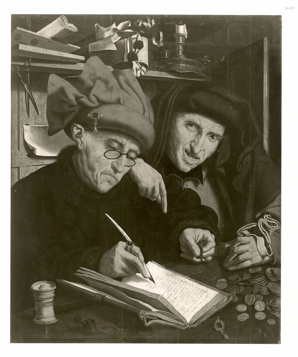 The Tax Collector and His Assistant, by Marinus van Reymerswaele, oil