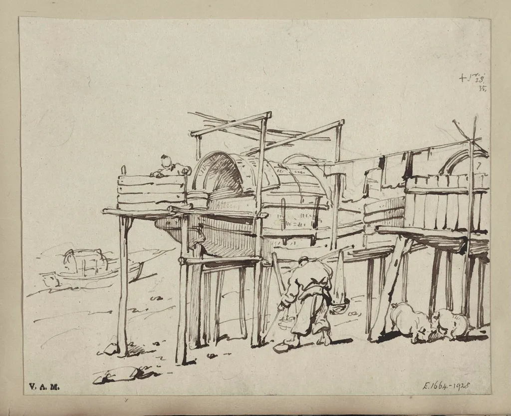 Tanka boats raised on stilts, Macau, by George Chinnery, 1835