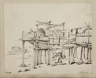 Tanka boats raised on stilts, Macau, by George Chinnery, 1835
