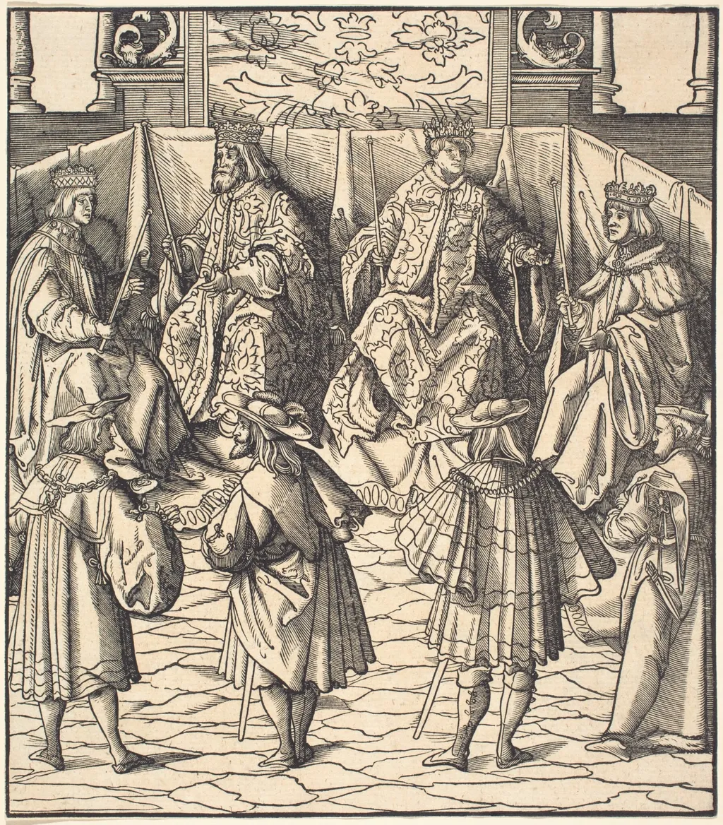 Assembly of Four Kings, in the foreground Four Men, by Leonhard Beck, ink, 1515