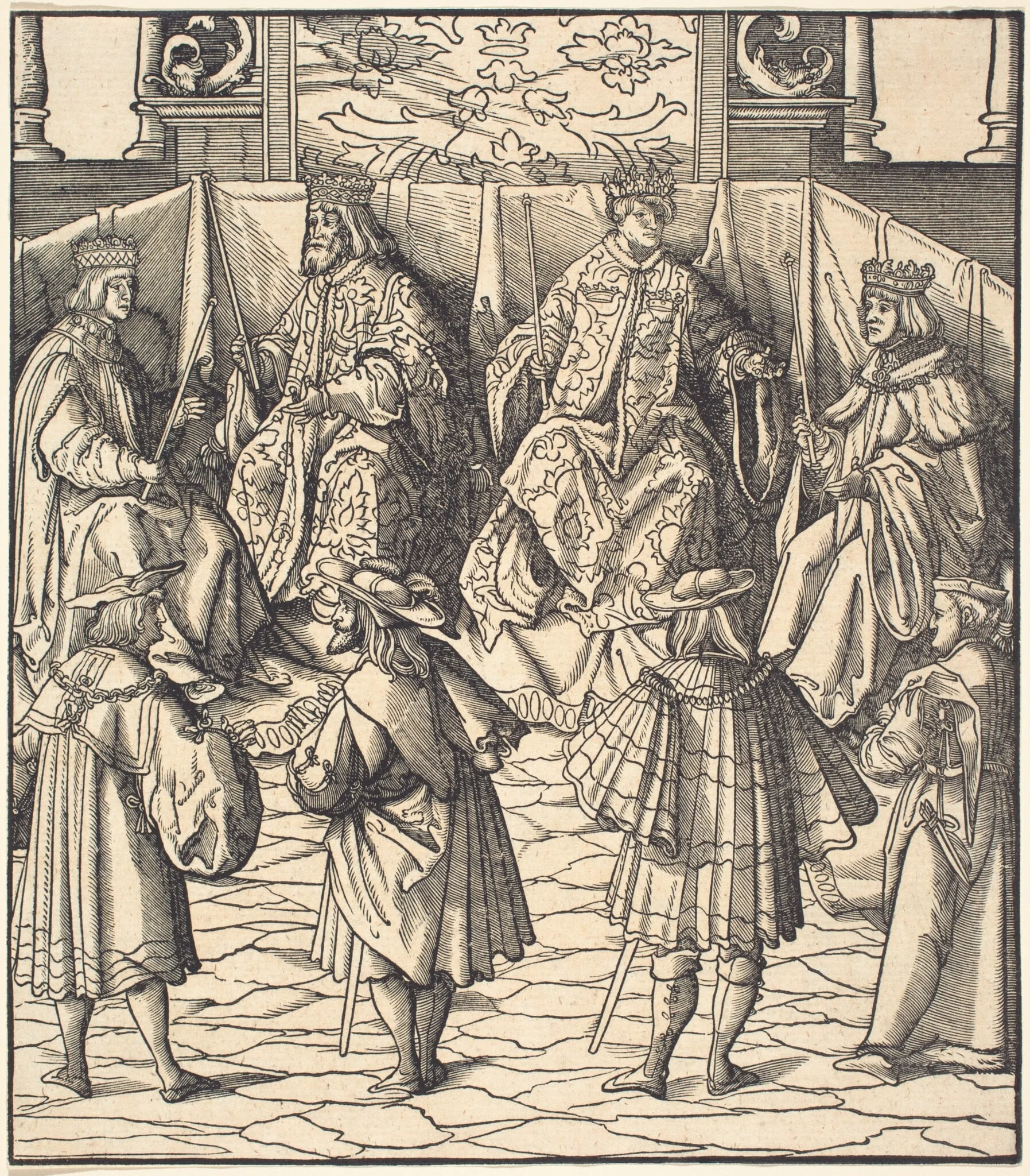 Assembly of Four Kings, in the foreground Four Men, detail