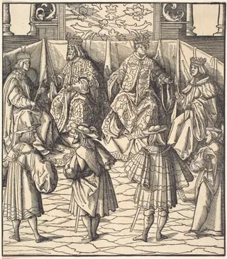 Assembly of Four Kings, in the foreground Four Men, by Leonhard Beck, ink, 1515