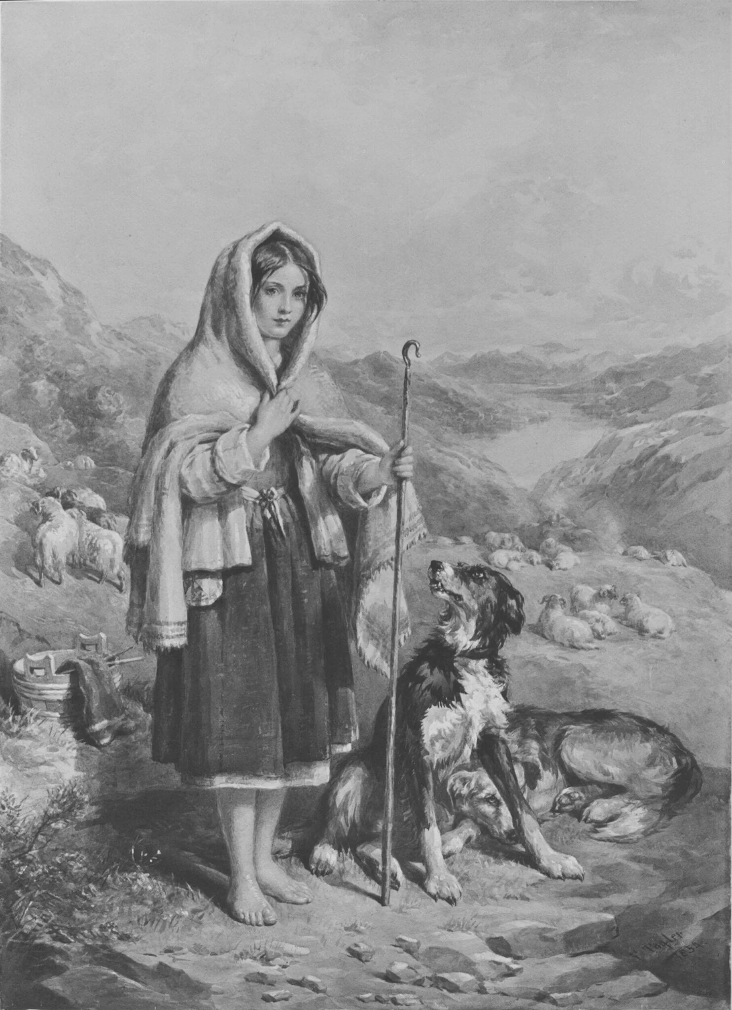 Highland scene with a young shepherd girl tending sheep, detail