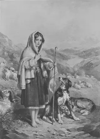 Highland scene with a young shepherd girl tending sheep, by Tayler, watercolor, 1854