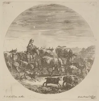 Peasant Seated on a Horse with Cows, Sheep, and Goats, by Stefano Della Bella, ink, 1637