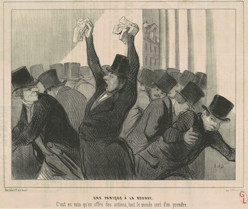 Une Panique a la bourse, by Honoré Daumier, ink, 1845