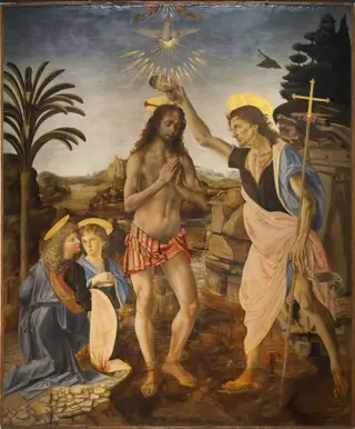 The Baptism of Christ, by Leonardo da Vinci, oil, 1470