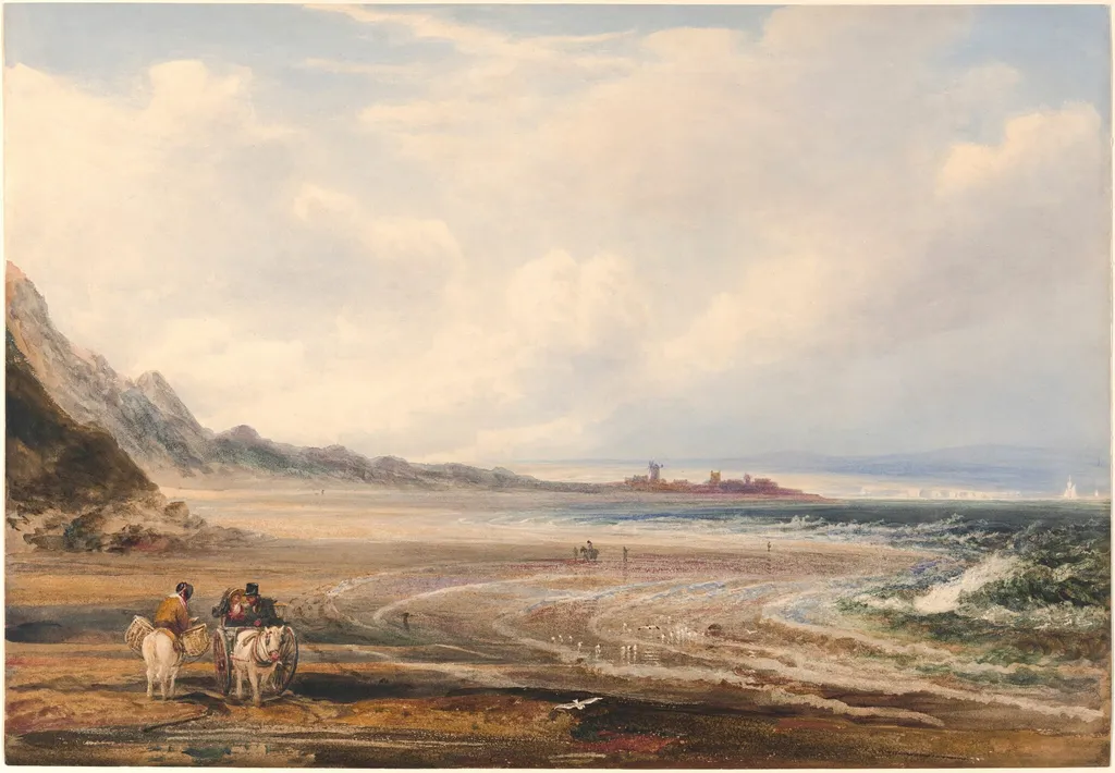 Travelers on the Sands near Redcar, by Peter De Wint, gouache, 1838