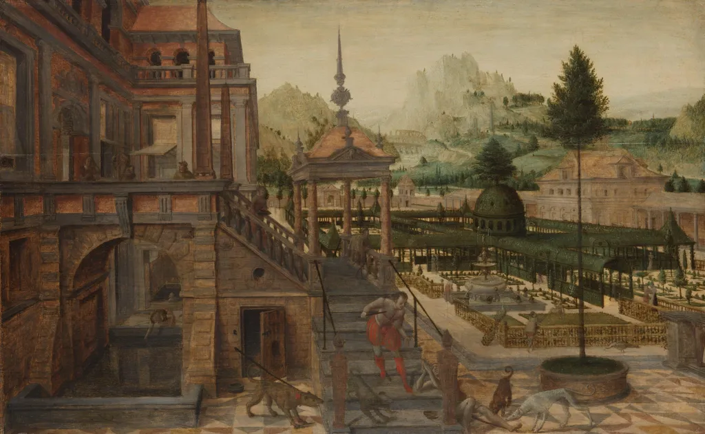 Palace Gardens with Poor Lazarus in the foreground, by Hans Vredeman de Vries, unspecified, 1578