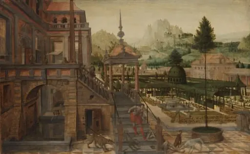 Palace Gardens with Poor Lazarus in the foreground, by Hans Vredeman de Vries, unspecified, 1578