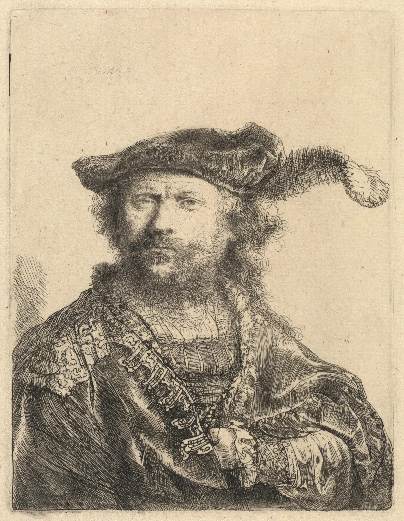 Self-Portrait in a Velvet Cap with Plume, detail