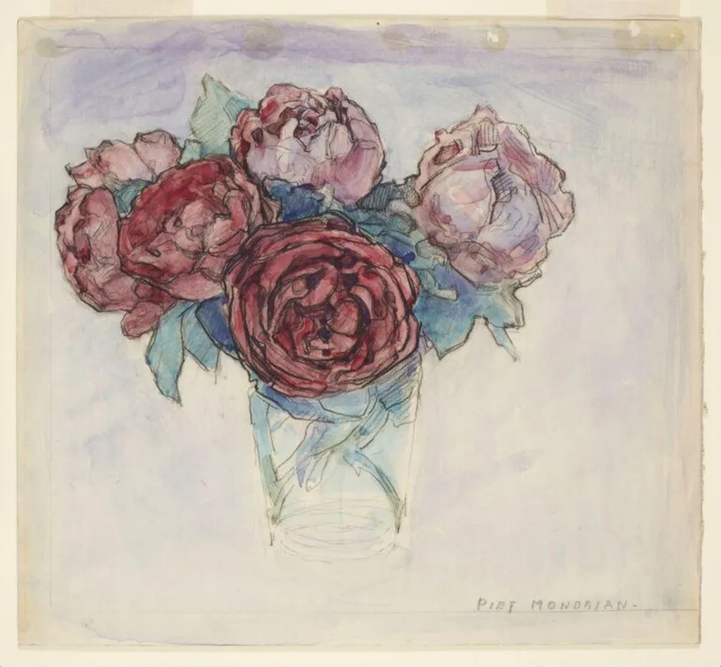 Roses in a vase, by Piet Mondrian, watercolor, 1939