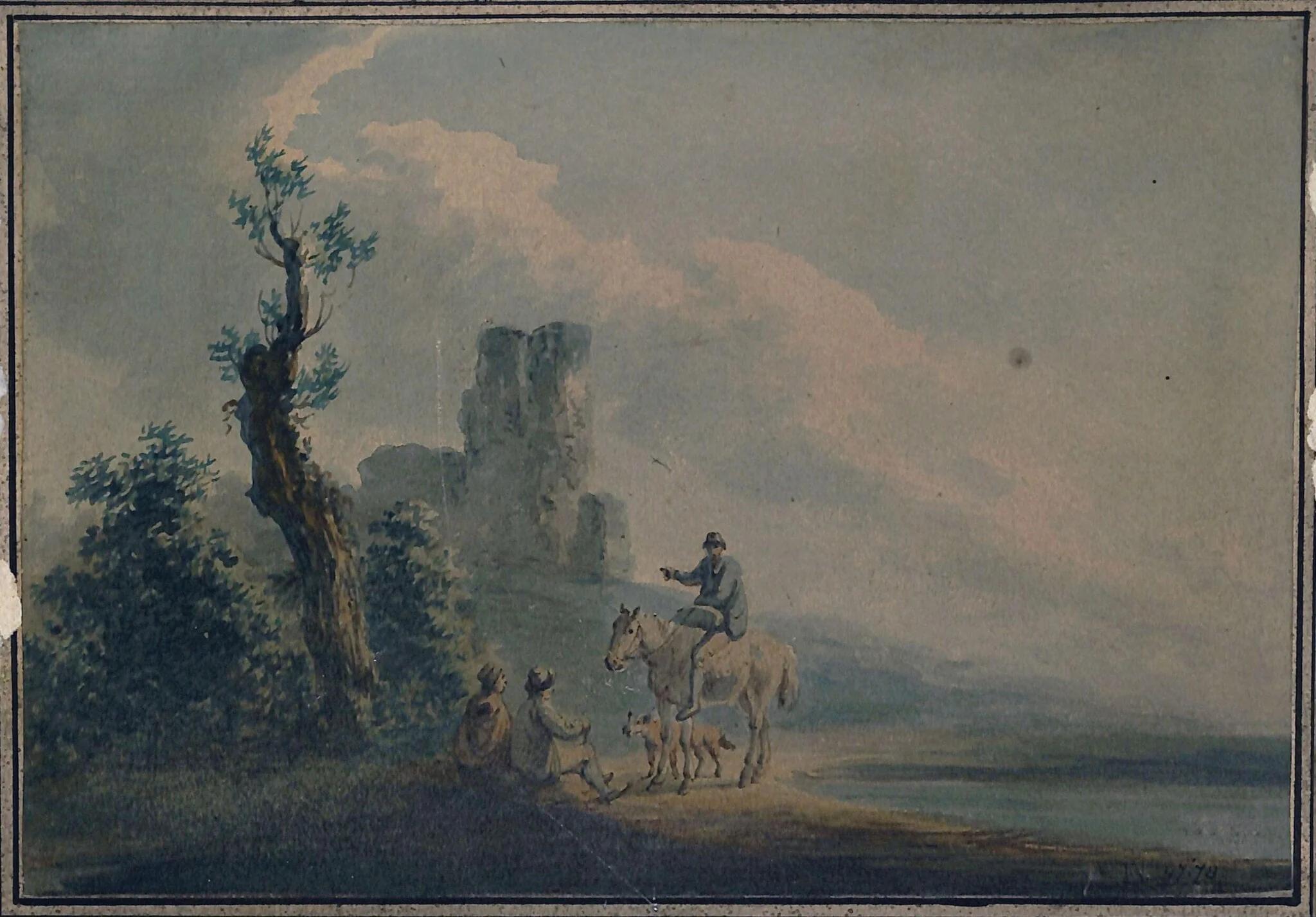 Landscape with ruined castle and figures, detail