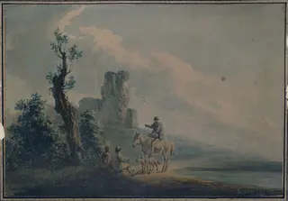 Landscape with ruined castle and figures, by La Cave, watercolor, 1802