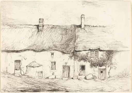 Two Cottages, by Eugène Isabey, ink, 1844