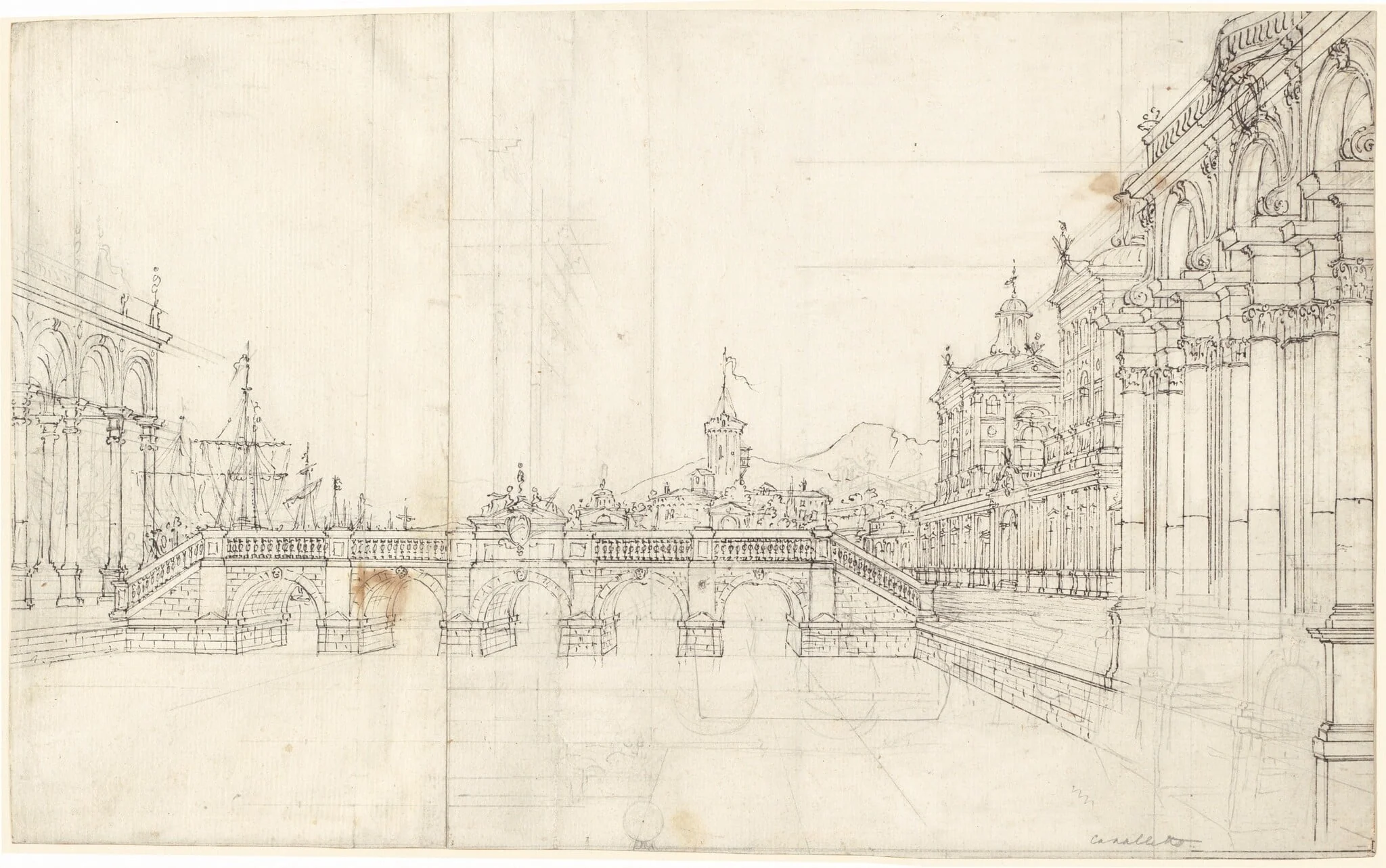 A Capriccio of Palaces and a Loggia Facing a Classical Bridge, detail