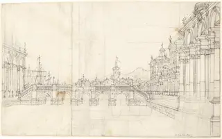A Capriccio of Palaces and a Loggia Facing a Classical Bridge, by Bernardo Bellotto, ink, 1765