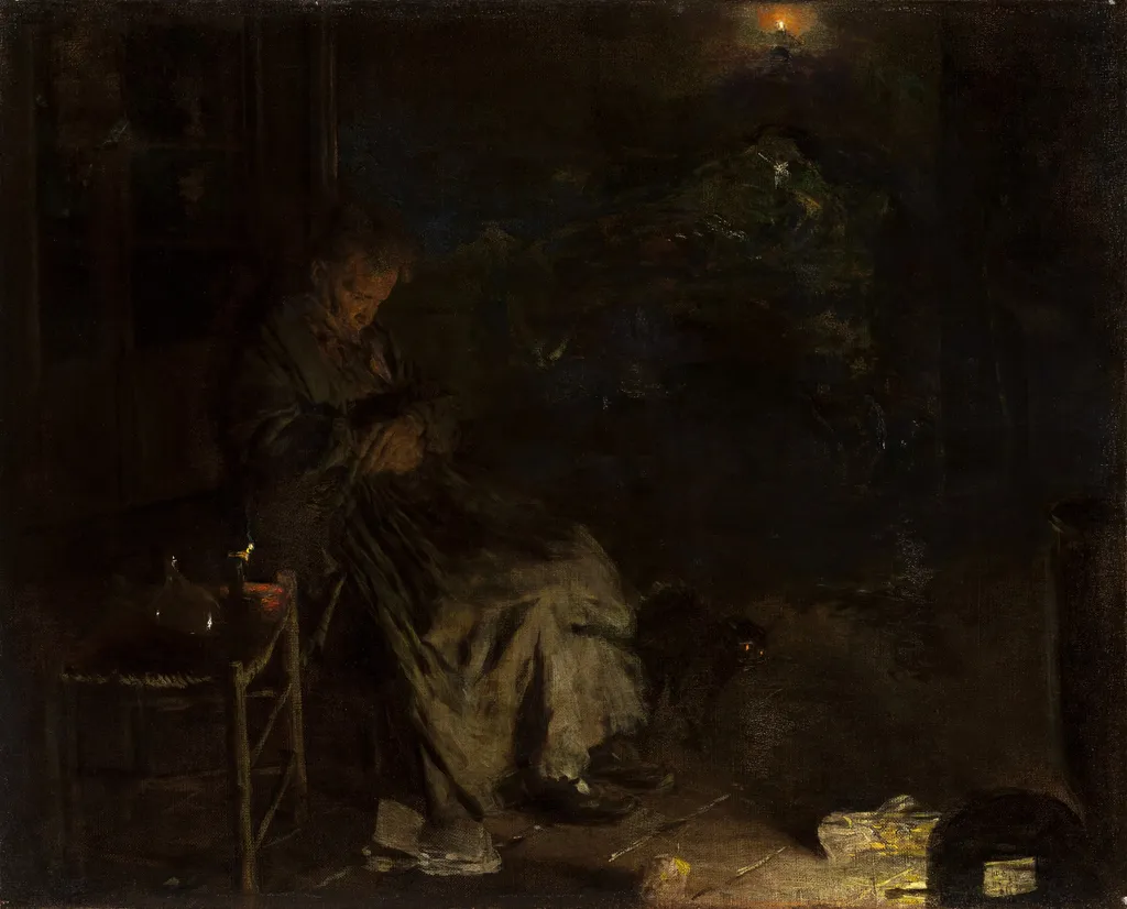Old Woman Watching over a Dead Body I, by Aleksander Gierymski, oil, 1893