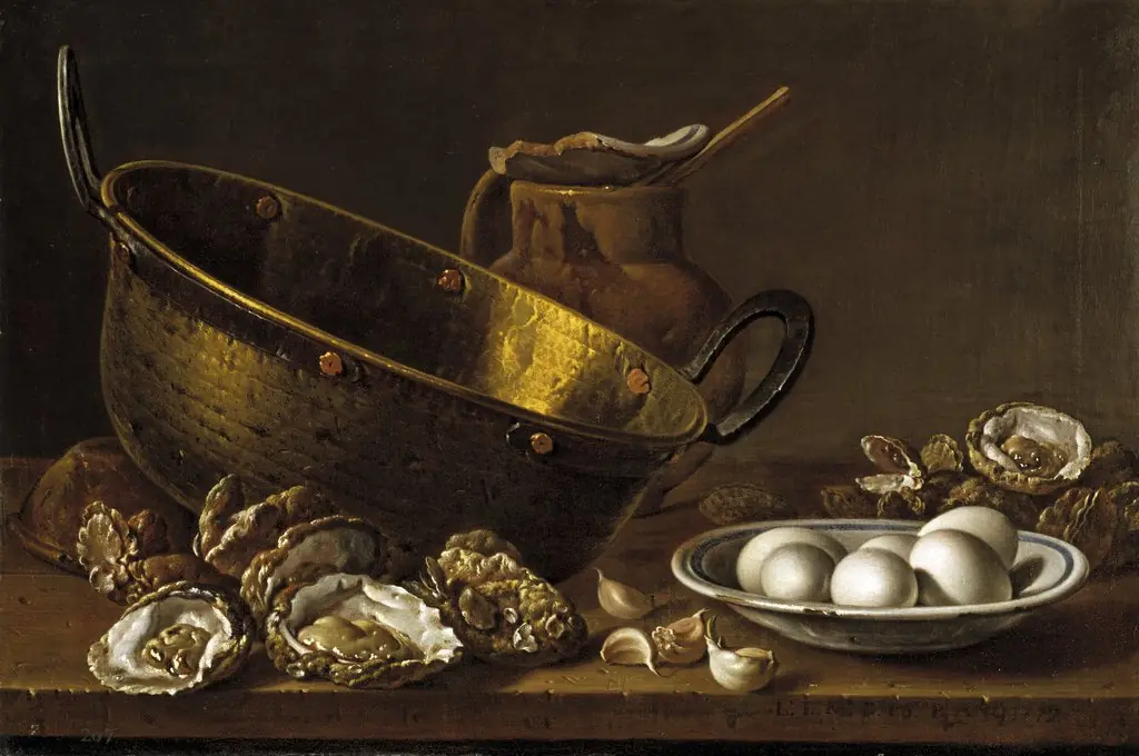 Still Life with Oysters Garlic Eggs Pot and Pan, by Luis Egidio Meléndez, oil, 1772