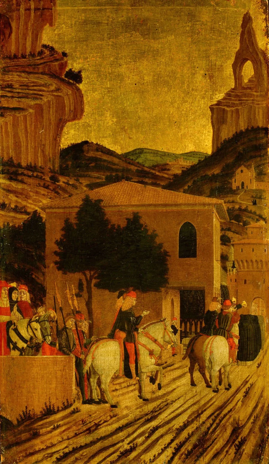 Szene aus dem Leben des Hl. Vinzenz Ferrer: Der Predigerzug des Heiligen, der auf einem Esel reitet, detail