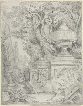 Ancient Sculptures with a Cock Fighting a Snake, by James 'Athenian' Stuart, graphite, 1750
