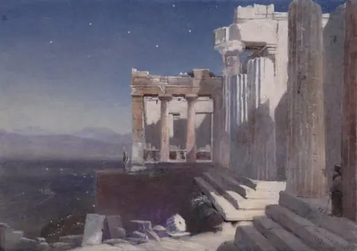 The Propylaea on the Acropolis - Moonlight, by Newton, watercolor, 1883